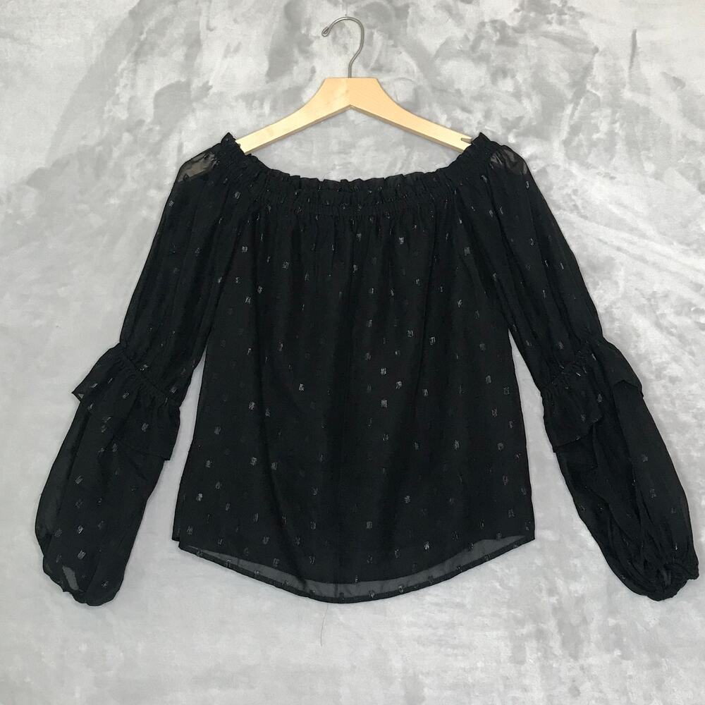 Bebe Top Womens XS Black Swiss Dot On or Off The Shoulder Boho Sheer Bell Sleeve